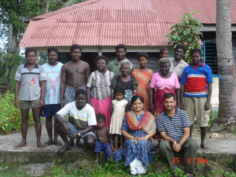 The oldest inhabitants of the Andaman, the Great Andamanese comprised of 10 distinct tribes namely aka-cari; aka-bo; aka-kora; aka-jeru; aka-kede; oko juwai; aka-kol; a-pucikwar; aka-bale and aka-bea. They once occupied all of Great Andaman and spoke different dialects of the same language. Their population was estimated to be ~6000 in 1858 but, they population declined since then owning to disease (syphilis, influenza and measles) the colonist brought with themselves. They are now extinct in their pure form; only 43 admixed individuals who lost their traditional hunter-gather roots long ago and survive on free rations and clothes provided by the government in their camp at Strait Island.